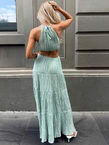 Elyressa Women's Solid Color Halter Hollow-Out Dress, Fashionable For Party And Outing - Green - View 2