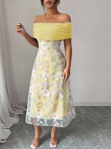 Modelyn 女式网眼拼布涤纶针织刺绣露肩荷叶边简约性感夏装 - 黃色 - 查看 6