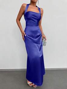 EURMUSE Solid Halter Neck Backless Satin Maxi Dress - Navy Blue - View 4