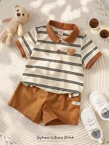 Cozy Pixies 2件套男婴可爱休闲夏季针织条纹短袖polo衫，带小熊图案，搭配松紧腰短裤，适合生日派对、晚宴、演出、婚礼、迎婴派对、一周岁生日庆祝等场合。 - 卡其色 - 查看 10