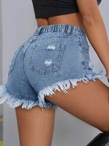 SHEIN ICON 大码时尚休闲夏季百搭破洞牛仔短裤 - 淺色水洗藍 - 查看 2