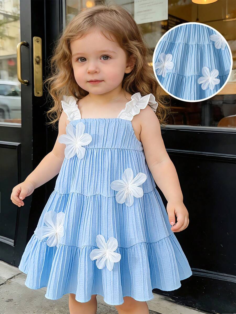 SHEIN Vintaside Kids 女婴浅蓝色可爱3D立体花朵荷叶边吊带连衣裙,适合夏季休闲、度假、甜美、优雅、通勤等场合穿着 - 藍色 - 查看 1