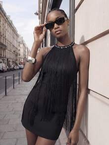 Maija Women's Tassel Neck Tie Fashionable Date Party Mini Dress - Black - View 1