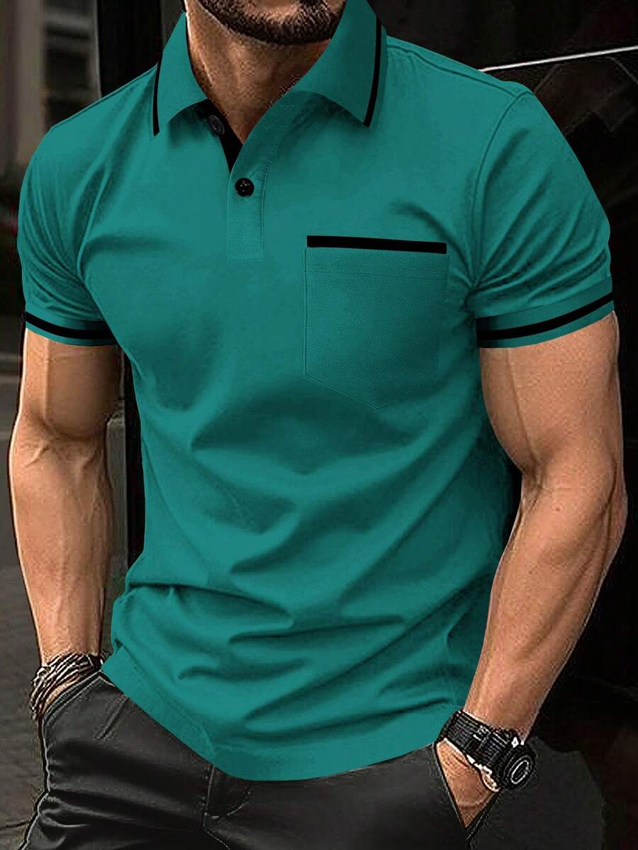 Calvornis Kemeja Polo Pria Kasual dengan Saku Warna Kontras, Formal, dan untuk Acara Khusus - Hijau - View 1