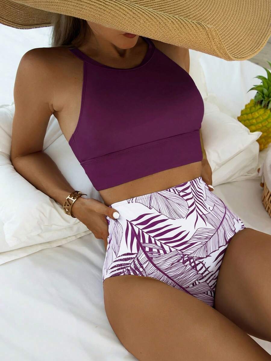 SHEIN Swim Women's Solid Color Halter Tankini Top And Triangle Bottoms Swimwear Set, Suitable For Summer Vacation