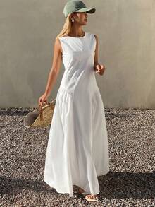 DAZY Vestido de mujer con cuello redondo, sin mangas, diseño de abertura en la cintura y ajuste en la cintura, estilo vacacional - Blanco - Ver 2