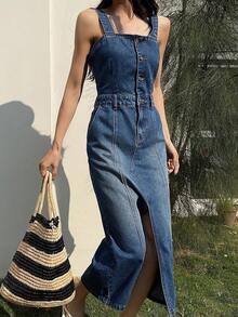 DAZY Đầm yếm thắt eo cho nữ, đầm denim maxi thanh lịch và giản dị. - Rửa trung bình - Xem 4