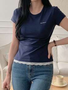 DAZY Women's Round Neck Letter Print Short Sleeve Casual Pullover T-Shirt Summer - Navy Blue - View 5