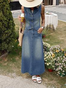 DAZY 女士牛仔背心上衣和宽松长款牛仔裙度假风两件套 - 中等水洗藍 - 查看 4