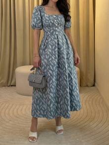 Mulvari Robe élégante et romantique à manches longues, taille cintrée et coupe évasée, en jacquard vert, pour le printemps/été - Vert - Voir 9