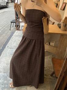 DAZY Women's Fashion Plaid Tube Top & Skirt 2 Pieces Set - Brown - View 6