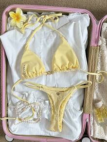 Swim Mod Women's 2026 Spring/Summer New Buttercup Yellow Jacquard Textured V-Neck Backless Triangle Bikini Two Pieces Swimsuit, Sexy & Sweet For Beach Vacation Yellow Two Piece Set Bikini Yellow Two Piece Swimsuit Yellow Two Piece Set Women Zante Holiday Outfit - Yellow - View 5