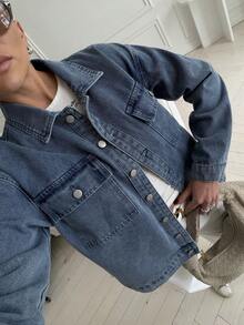 Women's Long Sleeve Single-Breasted Casual Pocket Denim Jacket - Blue - View 6