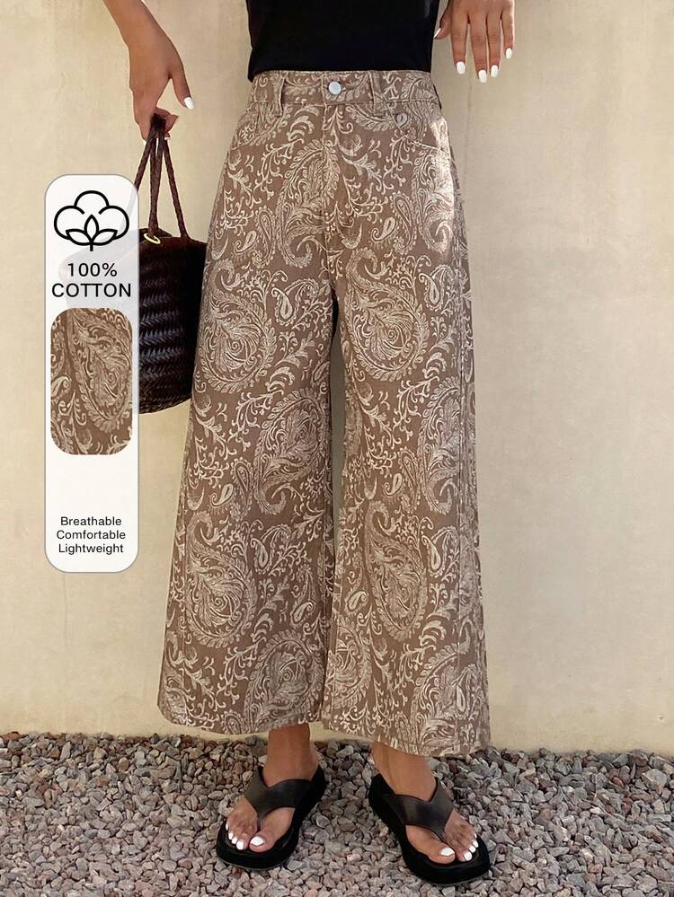 Women's Casual Loose Fit Pockets Button Cashew Floral Print Wide Leg Jeans, Versatile For Daily Wear Summer Boho