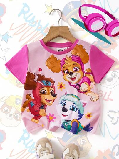 SHEIN | PAW Patrol Áo thun in hình hoạt hình phối màu phong cách thường ngày cho bé gái, thích hợp mặc mùa hè.