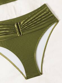 Swim Lushoire Women's Olive Green Bikini Set,U-Neck High Waist 2 Pieces Bathing Suits,Summer Casual Beach Vacation Holiday Swimwear Set - Olive Green - View 3