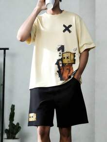 Coolqubz 2件套休闲卡通人物印花T恤套装，适合青少年男孩日常通勤和运动穿着 - 卡其色 - 查看 3
