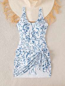 Swim Lushoire 1 件女式植物印花系带侧连体泳衣，适合夏季海滩度假 - 藍白色 - 查看 5