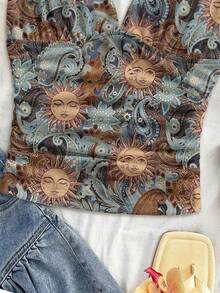 Soleia 女士优雅波西米亚风阳光花卉印花系带褶皱修身吊带背心 - 浪漫复古可爱吊带衫，适合春夏度假、海滩、邮轮、海岛旅行、音乐节、演唱会、约会、下午茶、婚礼宾客和城市探险 - 彩色 - 查看 3