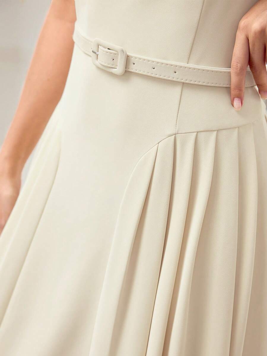 MOTF PREMIUM WOMEN'S SLEEVELESS ELEGANT DRESS WITH FLOWY HEM, SUITABLE FOR DATES, SPRING/SUMMER - Apricot - View 2