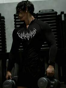 GymBeat Men's Gothic Style Printed Stand Collar Sports T-Shirt - Black - View 3