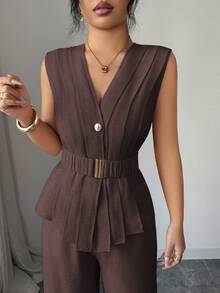 Elenzga 一件纯色纽扣前开襟马甲西装外套和一条裤子 - 棕色 - 查看 8