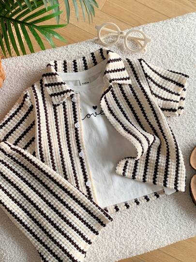 SHEIN 2件套男婴可爱夏季休闲条纹短袖衬衫和松紧腰短裤套装