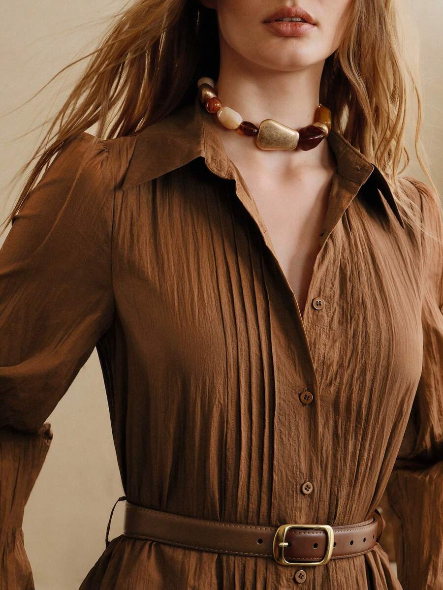 Arave Women's Dark Brown Elegant Long Sleeve Shirt Dress,Button-Down Pleated Nylon Fabric Casual Dress With Tie Waist,Autumn Office Outfits For Vacation - Coffee Brown - View 1