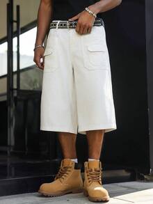 Manfinity Hypemode 男士休闲街头风多口袋白色牛仔短裤 - 白色 - 查看 3