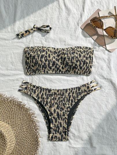 Swim Vcay 女士热带多色豹纹可爱图案抹胸露脐上衣和侧系带短裤两件套泳衣套装，休闲度假派对