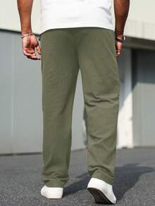 Manfinity Homme Pantalones casuales de algodón puro de talla grande de unicolor con bolsillos, lino minimalista y versátil - Verde militar - Ver 2