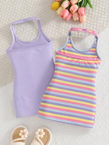 SHEIN Playful Pals 2件套女婴休闲运动街头时尚彩色条纹3D印花无袖连衣裙，适合春夏外出穿着 - 彩色 - 查看 2