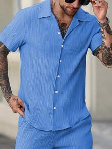 Manfinity Homme Men's Casual Solid Color Short Sleeve Shirt, Summer - Blue - View 4