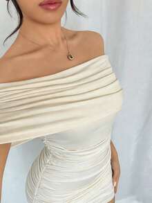 SHEIN Raffinéa 女士新款时尚优雅休闲纯色露肩修身迷你连衣裙，百搭夏季连衣裙 - 杏色 - 查看 4