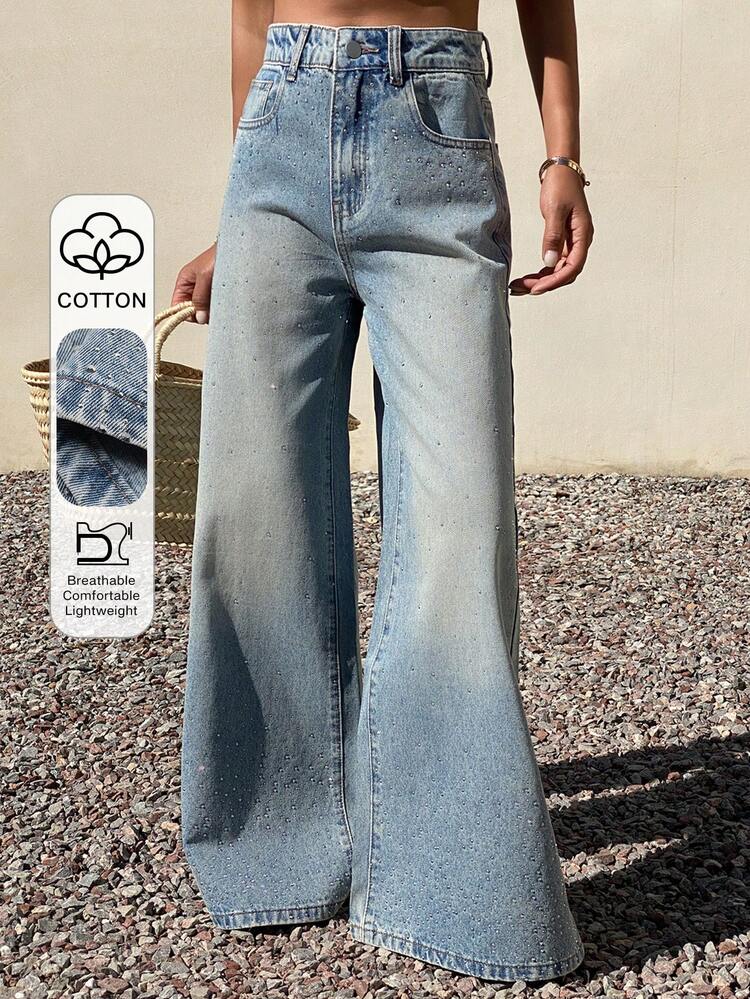Women's Regular Waist Gradient Rhinestone Design Loose Straight Leg Jeans, Casual And Elegant Y2k