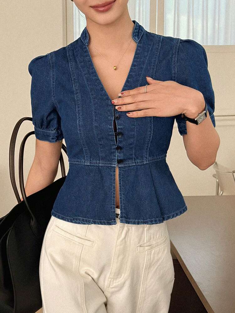 Women's V-Neck Short Sleeve Waist Cinched Casual Sexy Denim Blouse, Summer