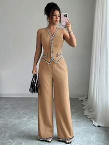 Selianne Women's Summer Elegant Office Camel Two Pieces Set,V-Neck Vintage Button Sleeveless Knitted Small Vest With Pocket Flap&Contrast Color Trim Hem Wear - Khaki - View 4