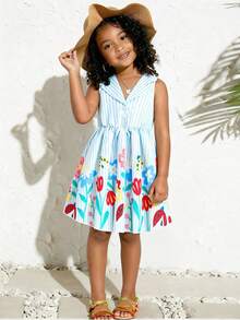 SHEIN Elladie kids 女童夏季新款时尚Polo领露背吊带束腰甜美度假风连衣裙，少女正式礼服 - 藍色 - 查看 7