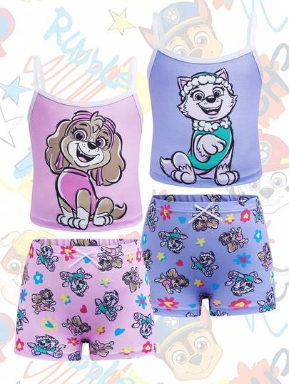 SHEIN | PAW Patrol 4件套少女内衣套装，吊带背心和短裤联名系列，可爱迷人