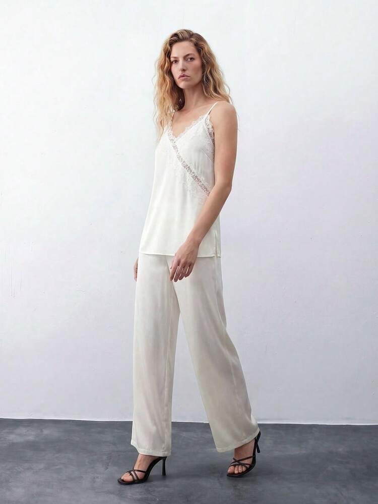 SHEIN Maija Women's Elegant White Lace Patchwork Camisole & Pants 2 Pieces Set,Summer Honeymoon Outfits,Beach Vacation Holiday Clothing,Casual Blouse For Women