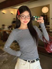 DAZY Women's Round Neck Striped Korean Style Casual Long Sleeve T-Shirt, Suitable For Spring And Autumn - Navy Blue - View 6