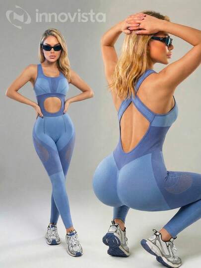 Innovista Woman Seamless Two Ton Color Workout Jumpsuit With Built-In Bra Removable Pads Geometric Racing Stripe Athletic Stretchy Yoga Gym One Piece Exercise Suit With Mesh Cutout Breathable Fall Sports Tummy Control Boosting Design Athleisure Overall Clothes Office To Gym Work From Home Running Biker HIIT Training Comfort Movement Cardio Cycling CrossFit Outdoor Exercise Healthy TT Viral IG Reel Ready FYP INSTA OOTD Grey Blue Working Mom Fitness Performance Gear Minimalist Natural Tone Clean Girl Pilates Princess Influencer Fashion Versatile Outfits Everyday Wear Durable Premium Latin European Menopause-Friendly Back To School Active Fall Fitness Collection Platform Hot Selling Alternative To Quality,Affordable,Budget-Friendly,Gymoutfits,Physical Training,Aerobic Exercise,Gymtok,Skiing ,Winter,Utilitarian Chic