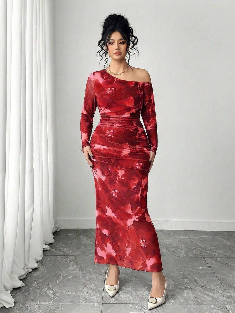 SHEIN Elenzya Women's Fashionable Elegant Asymmetric Neck Long Sleeve Ombre Dress - Red - View 4