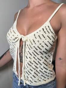 Mélanie ORL 女士时尚休闲亮片结饰吊带背心 - 杏色 - 查看 6