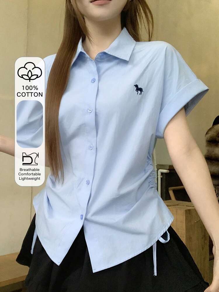 Women's Casual Contrast Color Embroidery Turndown Collar Drawstring Tie Shirt, Summer