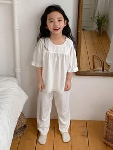 DAZY Conjunto de ropa informal de verano para niña con blusa de cuello redondo y mangas medianas con bordado floral y pantalones anchos - Blanco - Ver 5