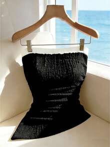 Franclia Classic Black-And-White Contrast Neckline, Textured Bubble Knit Fabric, Waist-Cinching Design, Date-Night Outfit Style, Strapless Bandeau Silhouette, - Black - View 4