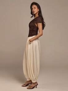 COSMINA Women's Elegant Twist Drape Shoulder Versatile Commuter Blouse, Chic And Graceful For Spring Outings, Office, Dates - Brown - View 6