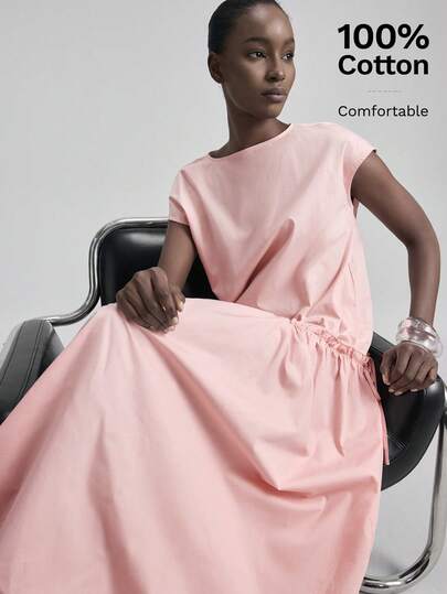 Ontre Women's Pink Batwing Sleeve Frill Trim Patchwork Dress, Elegant Wedding Guest Outfit, Minimalist Romantic French Style Luxury Urban Chic Business Casual Office Wear, Low-Key Vintage High-End City Commute High-Quality Airport Cruise Middle East Festival Essential Versatile Seasonal Bridal Series Resort