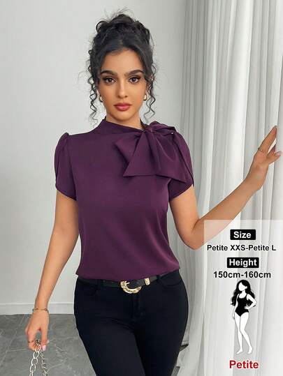 SHEIN PETITE Áo kiểu nữ tay loe màu trơn, thắt nơ, dáng rộng, thoải mái, thích hợp cho mùa xuân/hè.